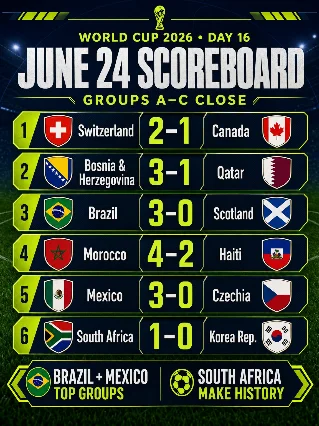 Day 16: Brazil top Group C, South Africa make history, Mexico stay perfect