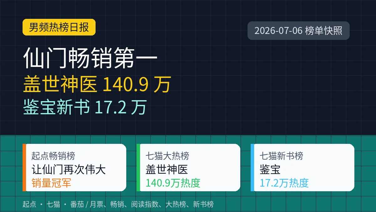 男频热榜日报|仙门畅销第一,盖世神医140.9万,鉴宝新书17.2万
