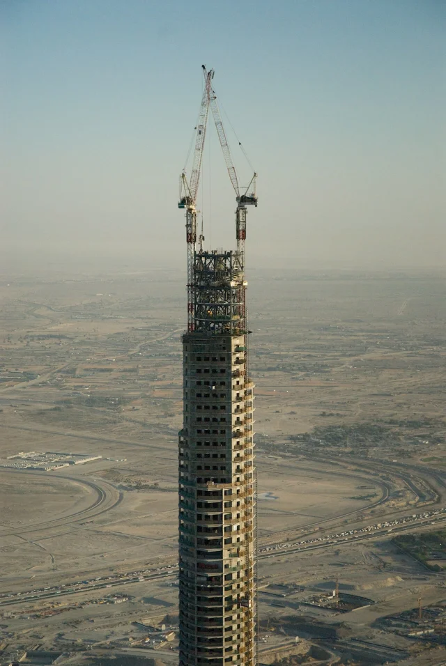 Burj Khalifa under construction, aerial view, March 2008, showing the concrete core and wing structure