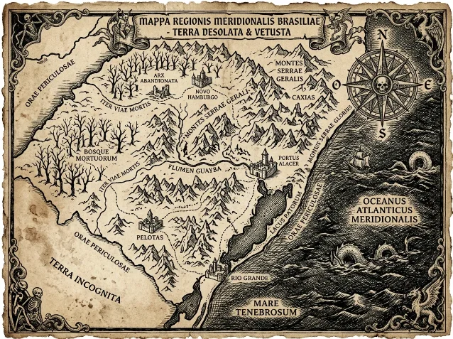 A gothic cartographic map of southern Brazil in medieval Latin, with Porto Alegre labeled as Portus Alacer, surrounded by skeletal forest illustrations, a skull compass rose, and ocean monsters in the Atlantic