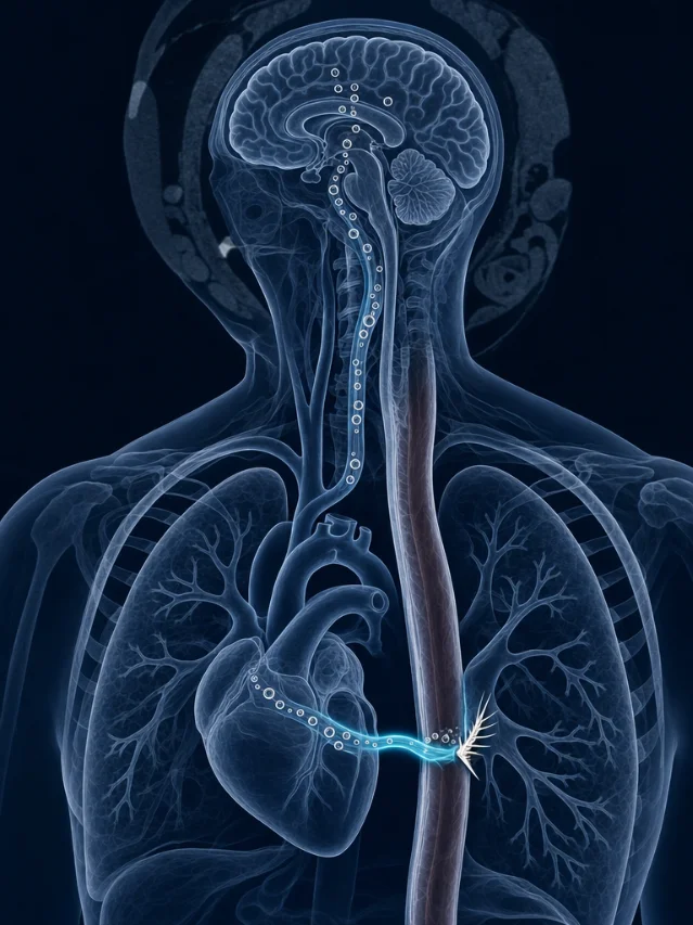 Schematic cross-section showing a fish bone lodged in the esophagus, the fistula path into the pulmonary vein, and the trail of air bubbles traveling through the heart to the brain