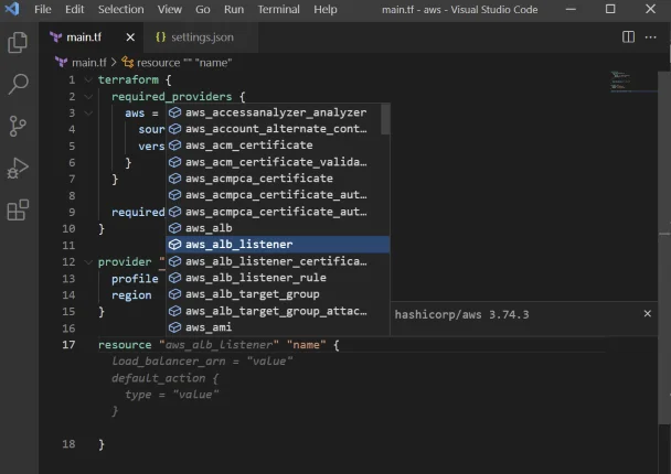 IntelliSense dropdown showing aws_alb_listener selected, with the complete resource block structure previewed in ghost text alongside required attributes