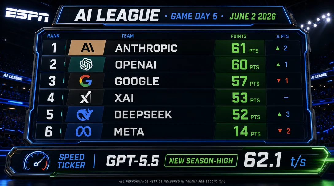 AI League — Game Day 5: GPT-5.5 Posts a New Season-High, Claude's Speed Rebounds