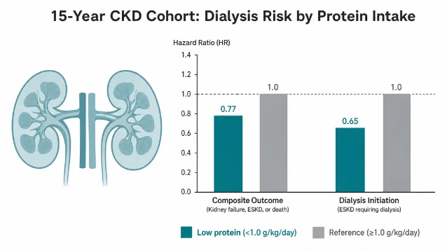 AI-generated infographic summarizing hazard ratio estimates for dialysis initiation and composite outcome by protein intake group in a 15-year CKD cohort