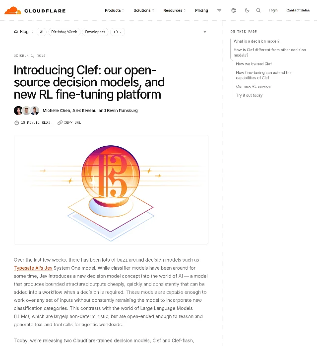 Cloudflare 博客 Introducing Clef 页面，标注 OCTOBER 1, 2026，标题为 Introducing Clef: our open-source decision models