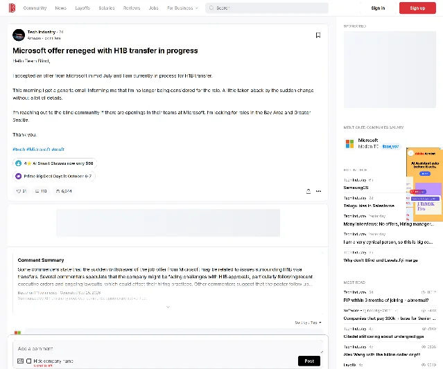 Blind post titled "Microsoft offer reneged with H1B transfer in progress" showing a 7d age marker, the poster's account of accepting an offer in mid July and receiving a generic email, counters of 21 likes, 113 comments and 6,044 views, and Blind's generated comment summary dated Sep 25, 2026