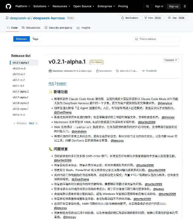 GitHub 上 DeepSeek Harness 的 Releases 页，最新一条为 v0.2.1-alpha.1（Pre-release）