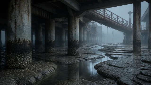 An empty metal gangway descending from a fogbound ferry terminal over tidal mud