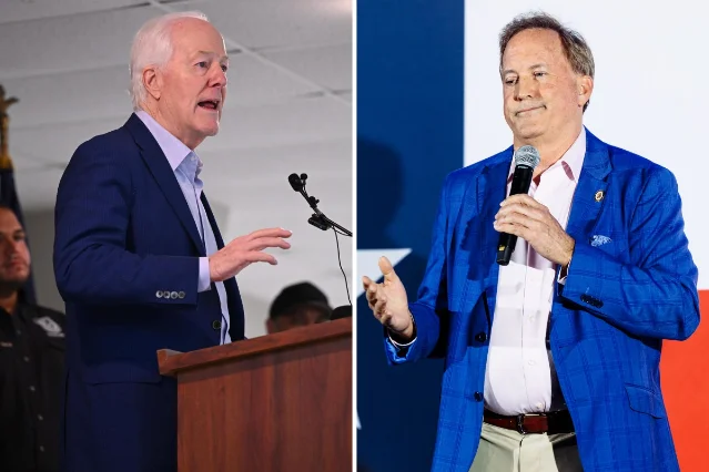 Cornyn at a final-week rally in Corpus Christi (left) and Paxton at a San Antonio rally (right), May 21–22, 2026