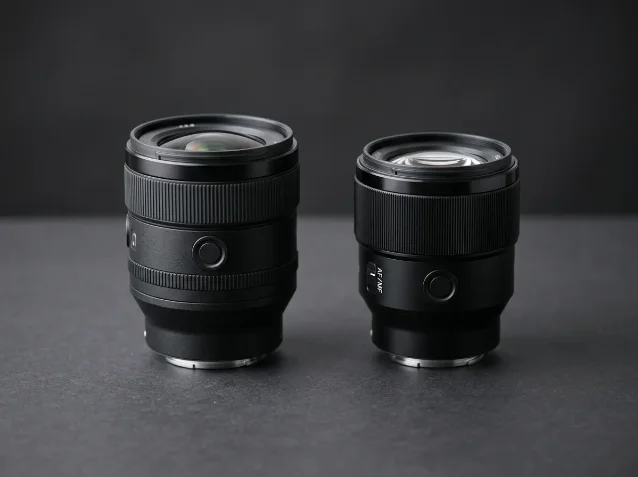 Two Sony FE prime lenses standing upright on dark surface — wide-angle lens on left, portrait lens on right