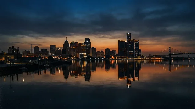 Detroit skyline at dusk reflected in still water, amber and deep indigo tones, industrial silhouette against dramatic clouds