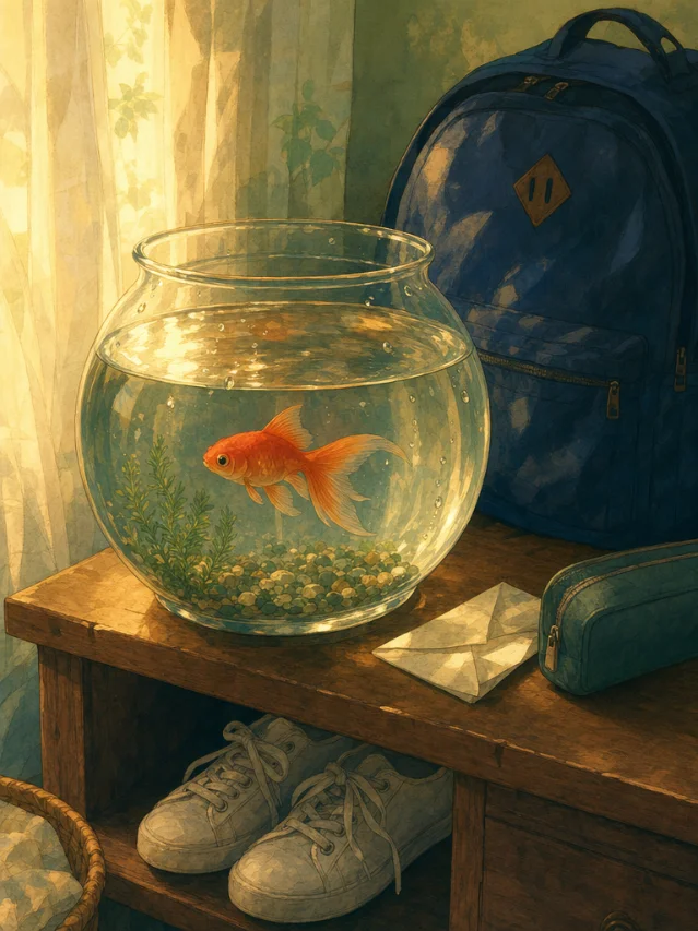 鱼缸和书包的早晨静物,金鱼在水里游|插画配图|高质量|适合正文配图使用