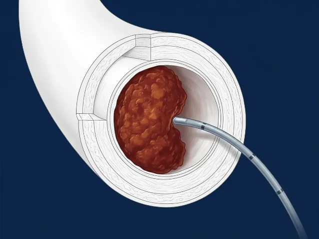 Medical illustration: cross-section of a cerebral artery showing a dark-red thrombus (blood clot) blocking the lumen, with an aspiration catheter inserted toward the clot on a dark navy background