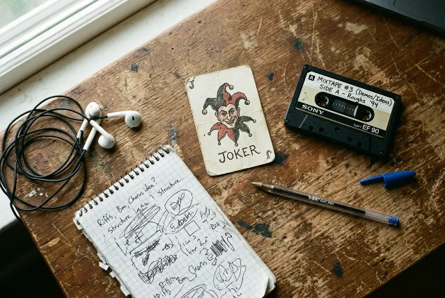 Worn wooden desk with a hand-drawn Joker card, a Sony cassette tape labeled "MIXTAPE #3 Demos/Ideas," a graph-paper notepad with scrawled song ideas, earbuds, and a ballpoint pen