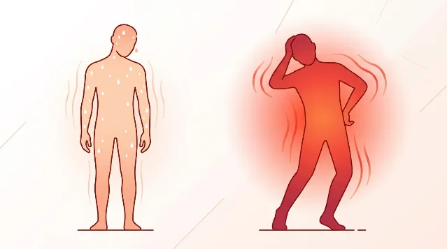 Left: pale sweating figure (heat exhaustion). Right: red flushed confused figure (heat stroke)
