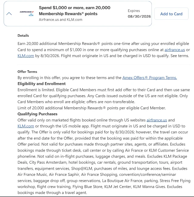 AF/KLM Amex Offer showing 20,000 MR after $1,000 spend, expires 8/30/2026