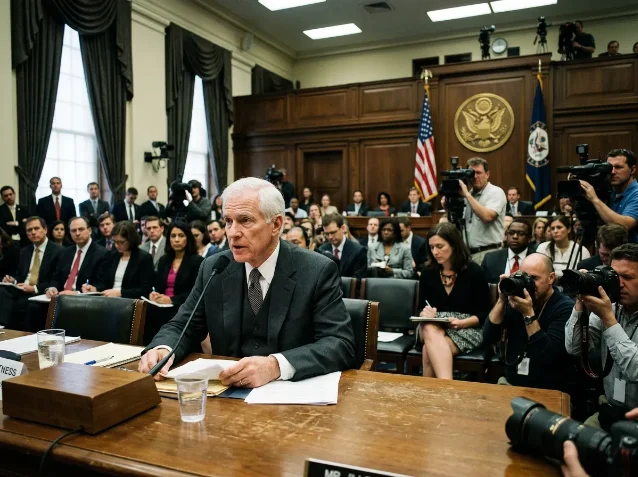 Congressional hearing room — the kind of high-profile testimony AIG's CEO Edward Liddy faced in March 2009 over the $165 million in bonuses paid to AIG Financial Products employees