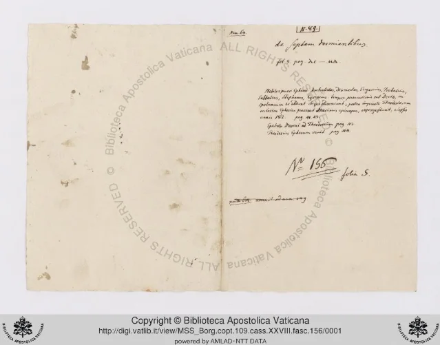 The archival wrapper of Borg.copt.109.cass.XXVIII.fasc.156, a yellowed paper folder bearing handwritten Latin notes identifying the contents and listing the seven sleepers by name