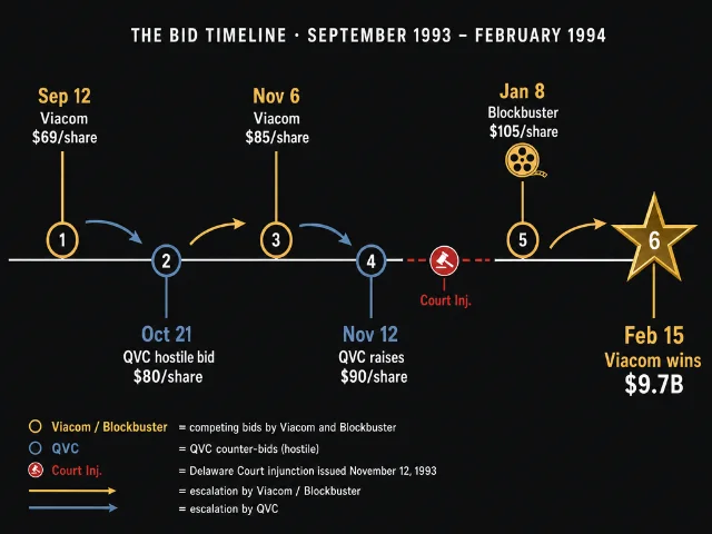 Bid escalation timeline: Viacom vs QVC, September 1993 to February 1994