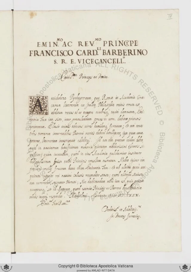 Dedication page of Barb.lat.2119, f.IVr, addressed to Cardinal Francesco Barberini as S.R.E. Vicecancellarius, with a decorated ornamental initial A opening the text and Ferrari's hand-signed subscription at the bottom