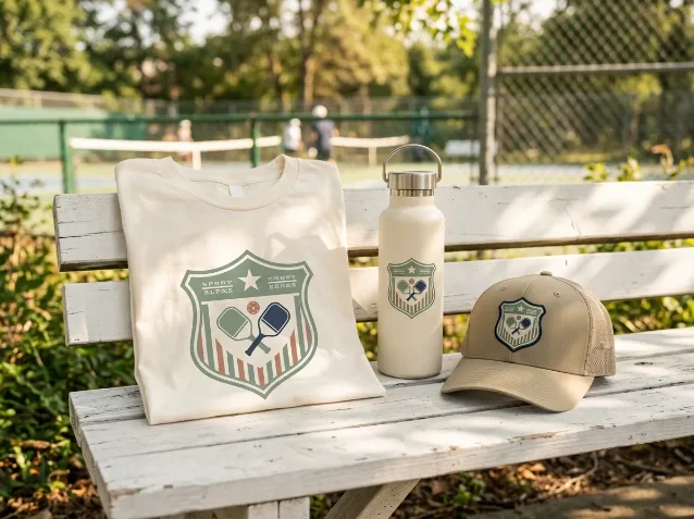 AI-generated concept: Pickleball Retro Court aesthetic — cream tee, insulated water bottle, and trucker hat with vintage country-club crest graphic on an outdoor bench near a court