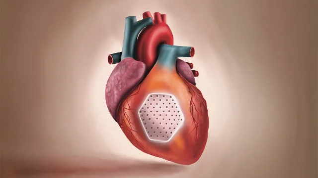 Rendered illustration of a ventricular heart muscle patch applied to the epicardial surface of a failing left ventricle