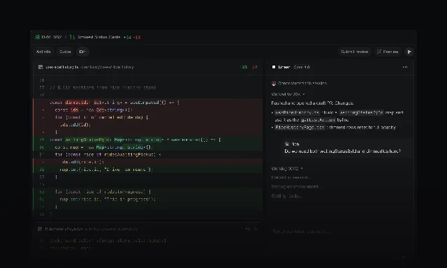 Linear's Diffs view showing the agent's PR alongside a right-panel session summary with file change notes and the intervention input