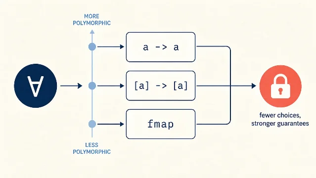 A generated schematic of parametricity: the universal quantifier feeds several polymorphic types, and the permitted choices narrow toward a guaranteed result.