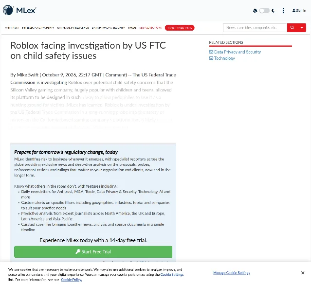 The MLex report page, headed "Roblox facing investigation by US FTC on child safety issues" and dated October 9, 2026