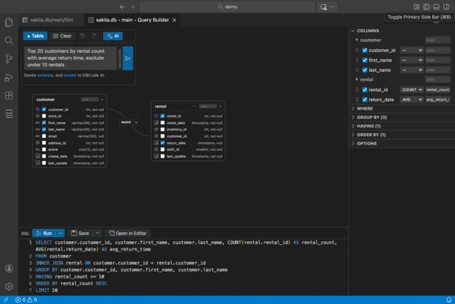 AI Query Builder showing natural language input and auto-generated SQL with visual table canvas