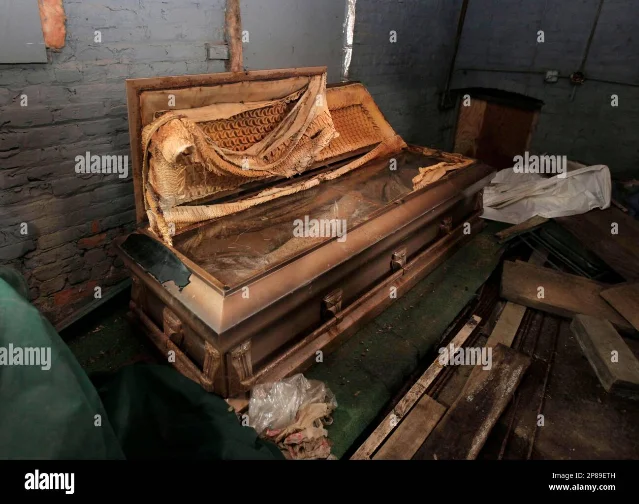 Emmett Till's original glass-topped casket, found in a storage shed at Burr Oak Cemetery, Alsip, Illinois, July 10, 2009