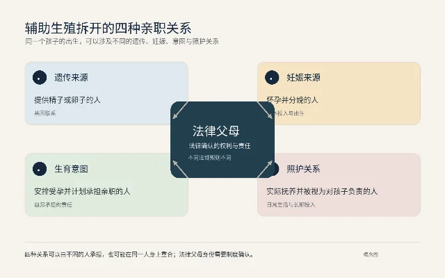 辅助生殖把遗传、妊娠、生育意图与照护关系拆开,法律父母身份需要另行确认