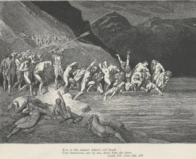 Gustave Dore illustration of Charon at the river in Inferno Canto III