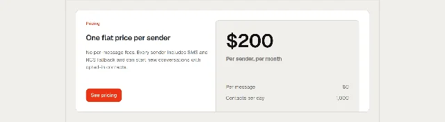 Zernio iMessage 产品页定价区块：左边写 One flat price per sender、No per-message fees，右边大号数字 $200，Per sender, per month，下面 Per message $0、Contacts per day 1,000