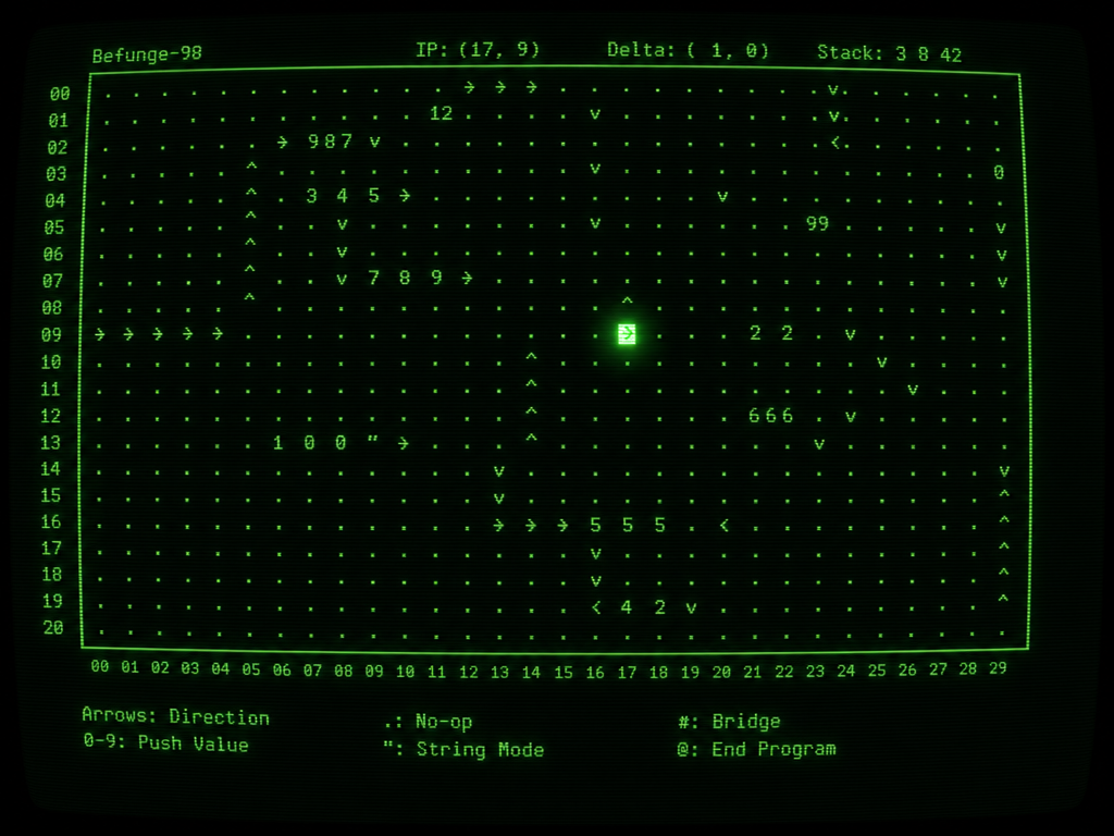 Retro green phosphor terminal showing a 2D Befunge playfield grid with arrows and a glowing instruction pointer