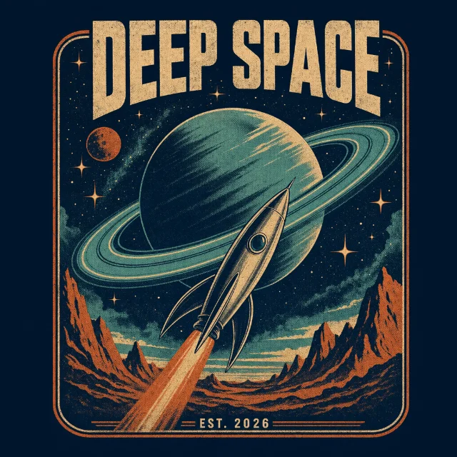 Aliencore retro sci-fi poster tee design concept — "DEEP SPACE" vintage travel poster style graphic
