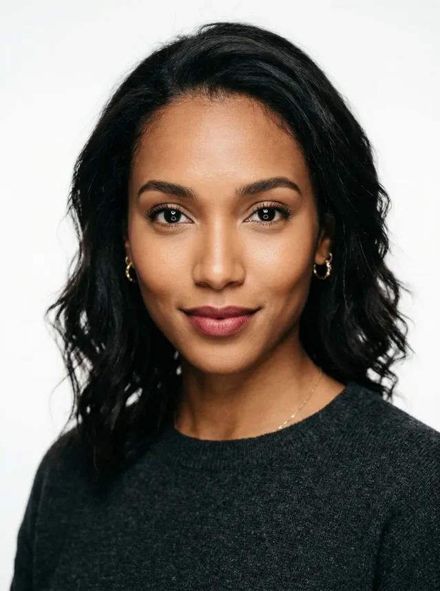 Beauty dish portrait — circular catchlights in both eyes, mid-hard directional light with gentle cheek shadow falloff, white studio background