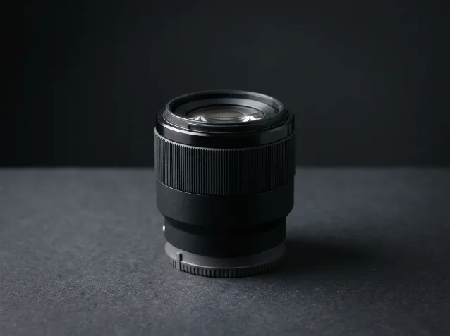 Compact black FE-mount 50mm prime lens standing upright on dark charcoal surface, front element visible