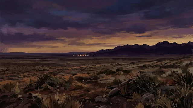 A wide painterly illustration of Patagonian steppe at dusk — scrubland in the foreground, flat plains stretching toward a distant cluster of city lights, dark Andean silhouette on the horizon, bruised purple and amber sky