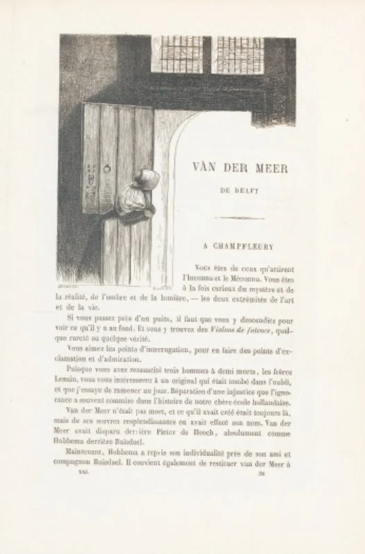 Thoré-Bürger's 1866 "Van der Meer de Delft" in the Gazette des Beaux-Arts — the three-part article that founded modern Vermeer scholarship. The title page bears the dedication: "A Champfleury"