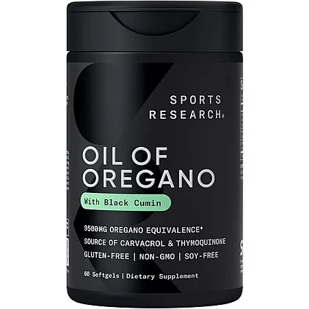 Sports Research Oil of Oregano — dark bottle with green label, 60 softgels, labeled Gluten-Free, Non-GMO, Soy-Free