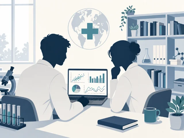 Minimal flat illustration of two researchers reviewing global health data on a laptop with a globe and medical cross symbol — representing the MHFAL global mental health implementation science positions