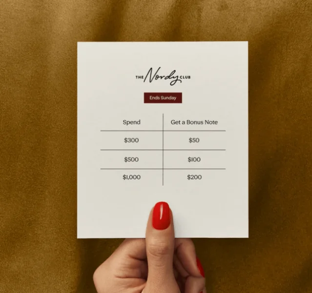 The Nordy Club bonus notes card showing three spend tiers: $300 → $50 Bonus Note, $500 → $100 Bonus Note, $1,000 → $200 Bonus Note — "Ends Sunday"