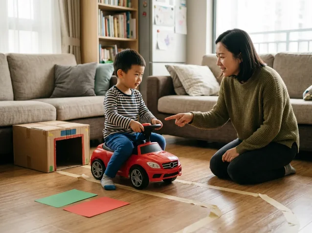 第二关：孩子按家长指令把小汽车开进纸盒车库
