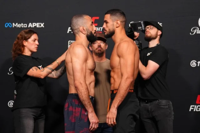 Belal Muhammad and Gabriel Bonfim face off at the UFC Vegas 118 weigh-in