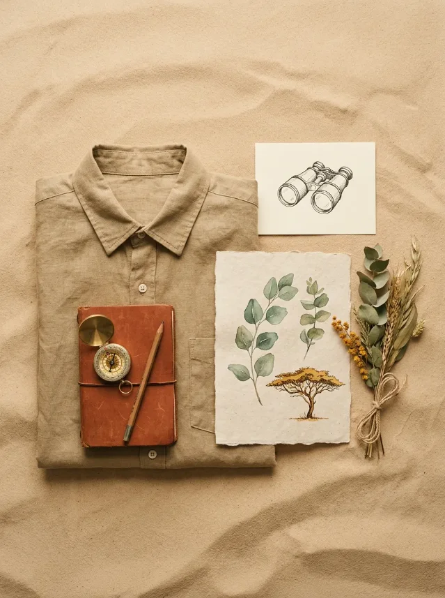 AI-generated mood board: Safari Core aesthetic — khaki shirt, compass, eucalyptus botanical sketch, acacia tree watercolor, binoculars on sand