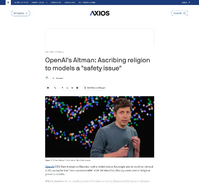 Axios 2026 年 10 月 3 日报道的首屏,标题为 OpenAI's Altman: Ascribing religion to models a "safety issue",下附 Altman 照片与开头两段