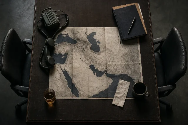 Editorial illustration of a briefing table, a Middle East map and two empty chairs