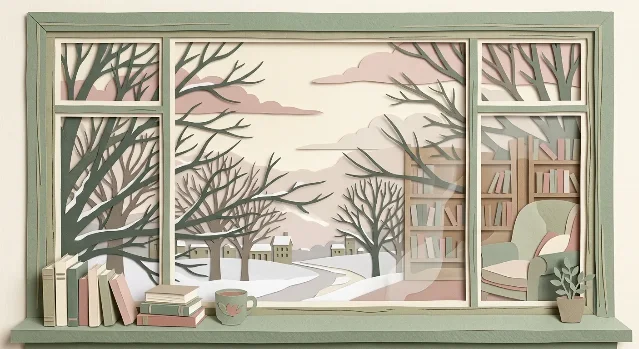 Winter branches against a pale sky visible through a library window, their shapes layered like cut paper.