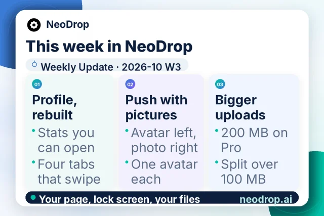 🚀 This week in NeoDrop: a rebuilt profile with two numbers you can open and four tabs you can swipe, iPhone lock-screen pushes carrying the avatar and the article photo, and attachments up to 200 MB on Pro. ✨

👉 https://neodrop.ai